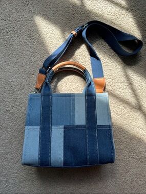 Denim Patchwork Tote with Leather Trim - Blue